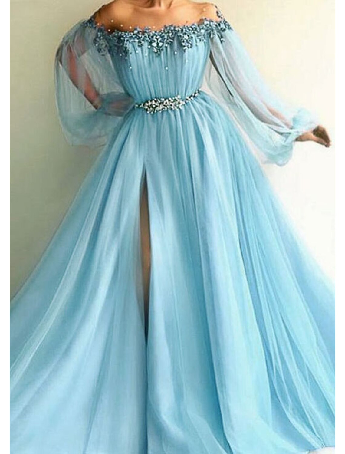 Wholesa A-Line Elegant Formal Evening Birthday Dress Off Shoulder Long Sleeve Sweep / Brush Train Tulle with Beading Appliques Split Front