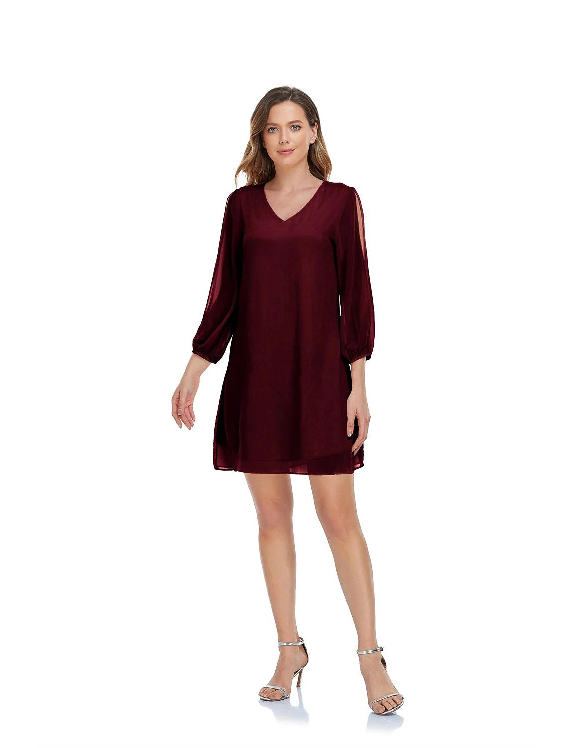wholesa A-Line Empire Homecoming Cocktail Party Dress V Neck 3/4 Length Sleeve Short / Mini Chiffon with Slit Pure Color