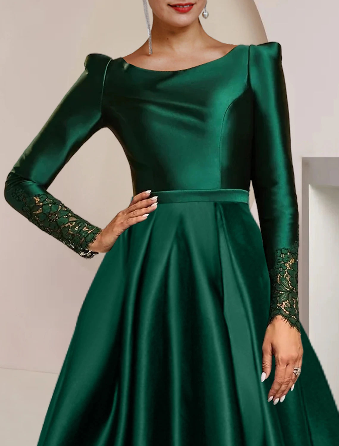 wholesale  A-Line Mother of the Bride Dress Wedding Guest Party Elegant High Low Scoop Neck Asymmetrical Tea Length Satin Lace Long Sleeve with Pleats