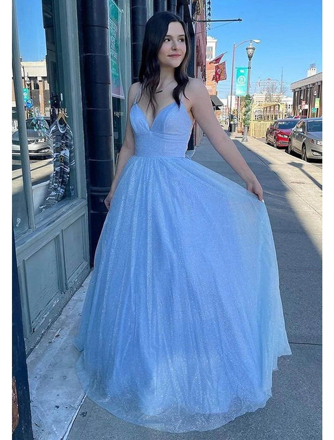 wholesale  Ball Gown A-Line Prom Dresses Sparkle & Shine Dress Formal Prom Floor Length Sleeveless V Neck Tulle Backless with Pleats