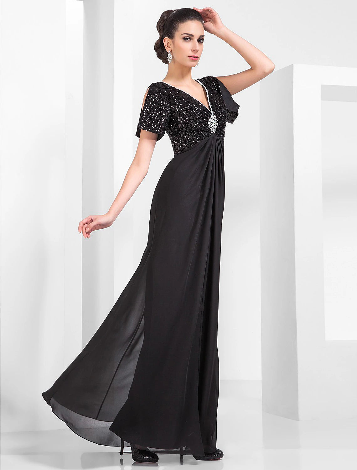 Wholesa Sheath / Column Vintage Inspired Beaded & Sequin Formal Evening Military Ball Dress V Neck Short Sleeve Floor Length Chiffon Sequined with Beading Draping