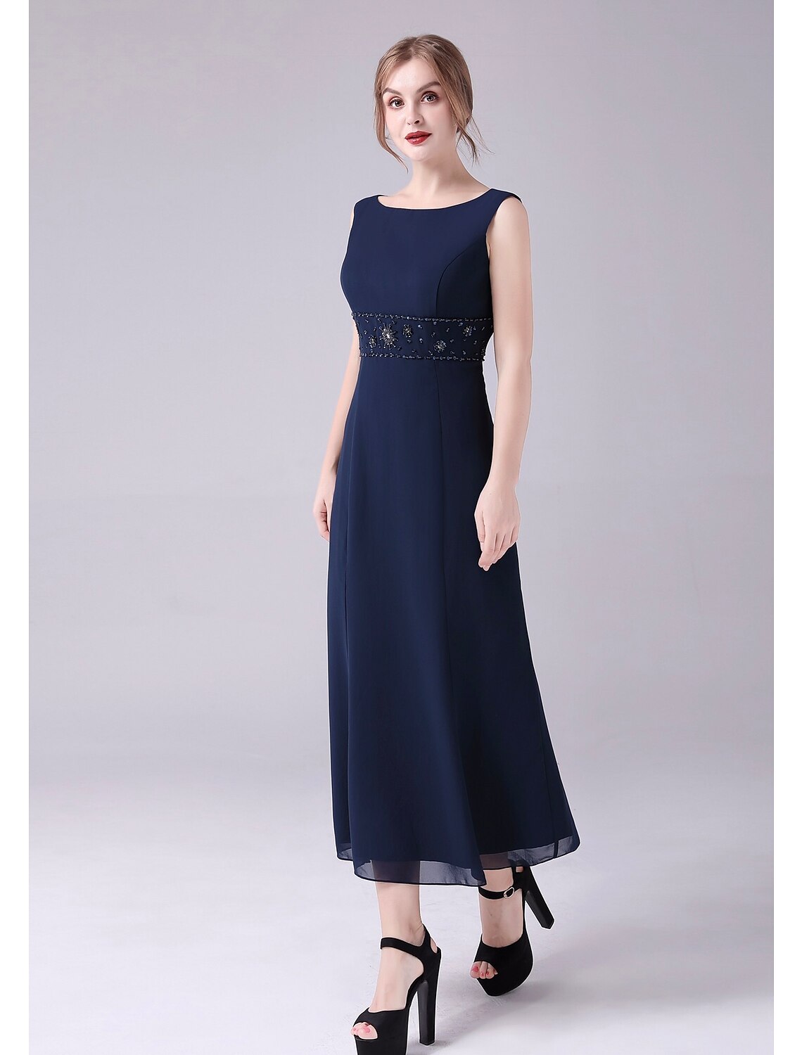 wholesale  A-Line Mother of the Bride Dress Elegant Sweet Jewel Neck Ankle Length Chiffon Sleeveless with Beading