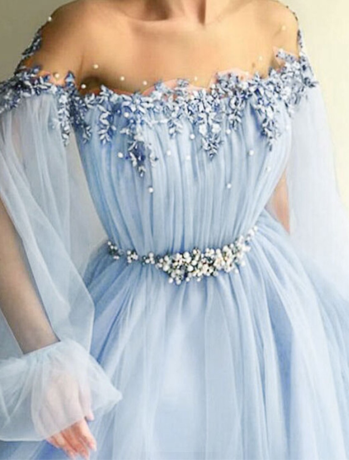 Wholesa A-Line Elegant Formal Evening Birthday Dress Off Shoulder Long Sleeve Sweep / Brush Train Tulle with Beading Appliques Split Front