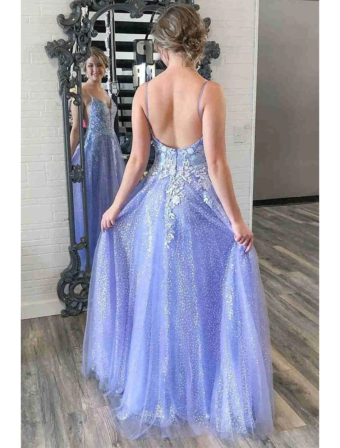 Wholesa A-Line Prom Dresses Sparkle & Shine Dress Formal Floor Length Sleeveless V Neck Tulle Backless with Pleats Sequin Appliques