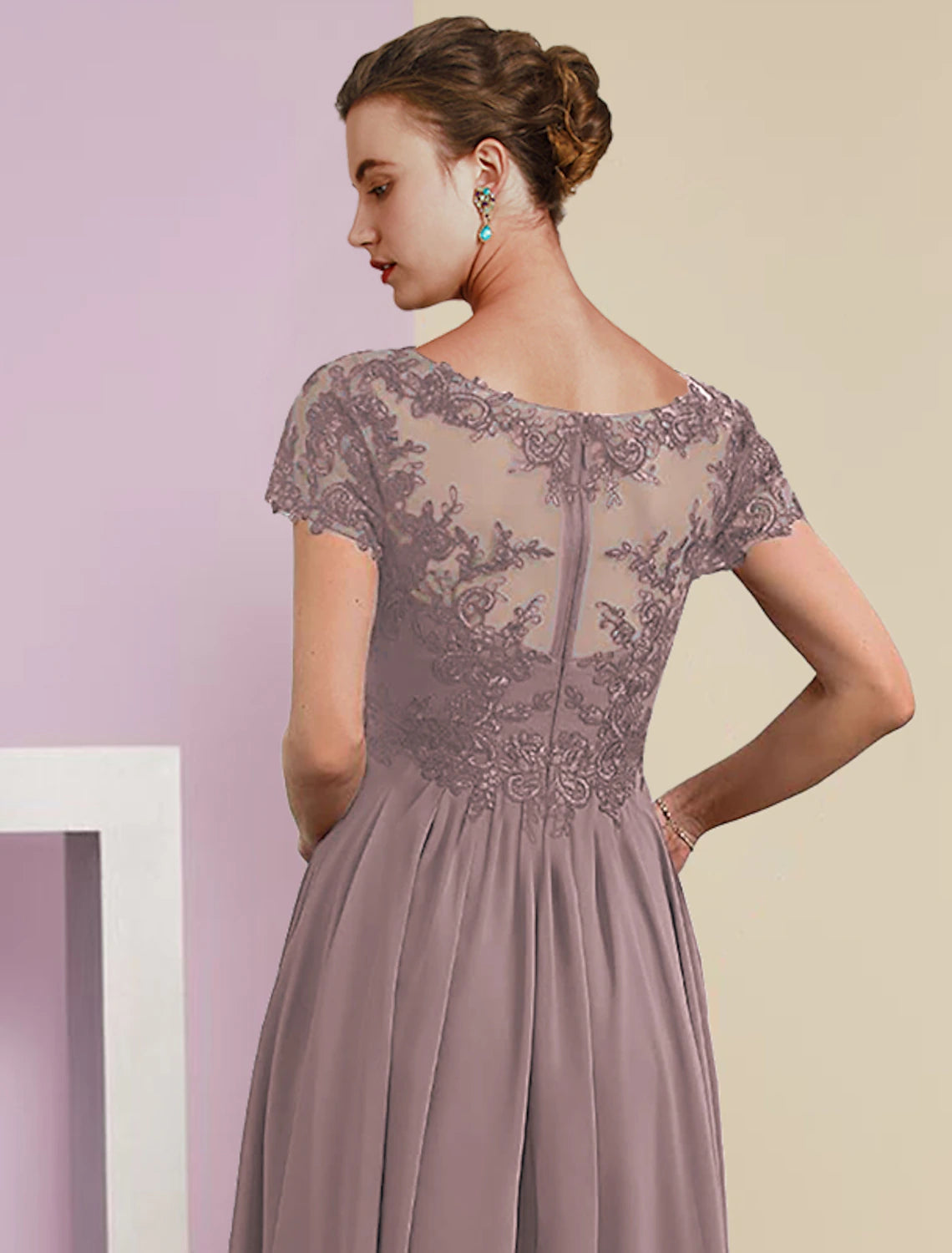 wholesale   Two Piece A-Line Mother of the Bride Dress Formal Wedding Guest Elegant V Neck Tea Length Chiffon Lace Short Sleeve Jacket Dresses with Pleats Appliques