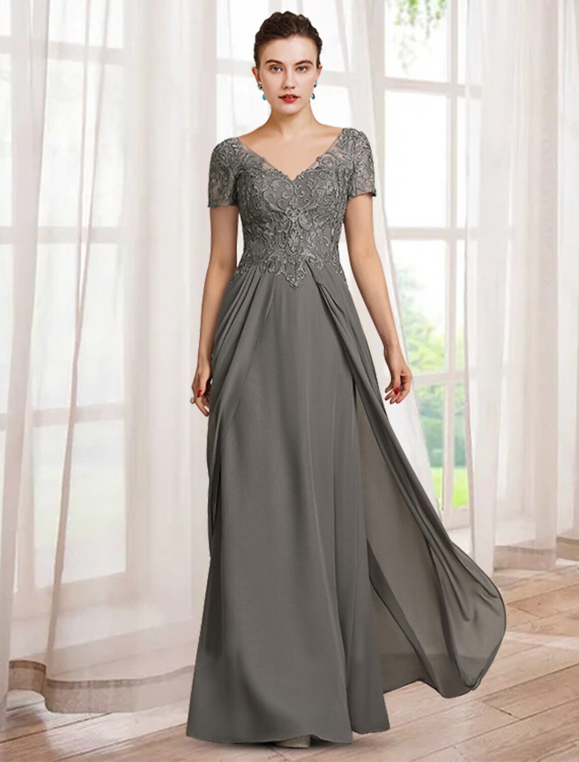 wholesale  Sheath / Column Mother of the Bride Dress Elegant V Neck Floor Length Chiffon Lace Short Sleeve with Appliques