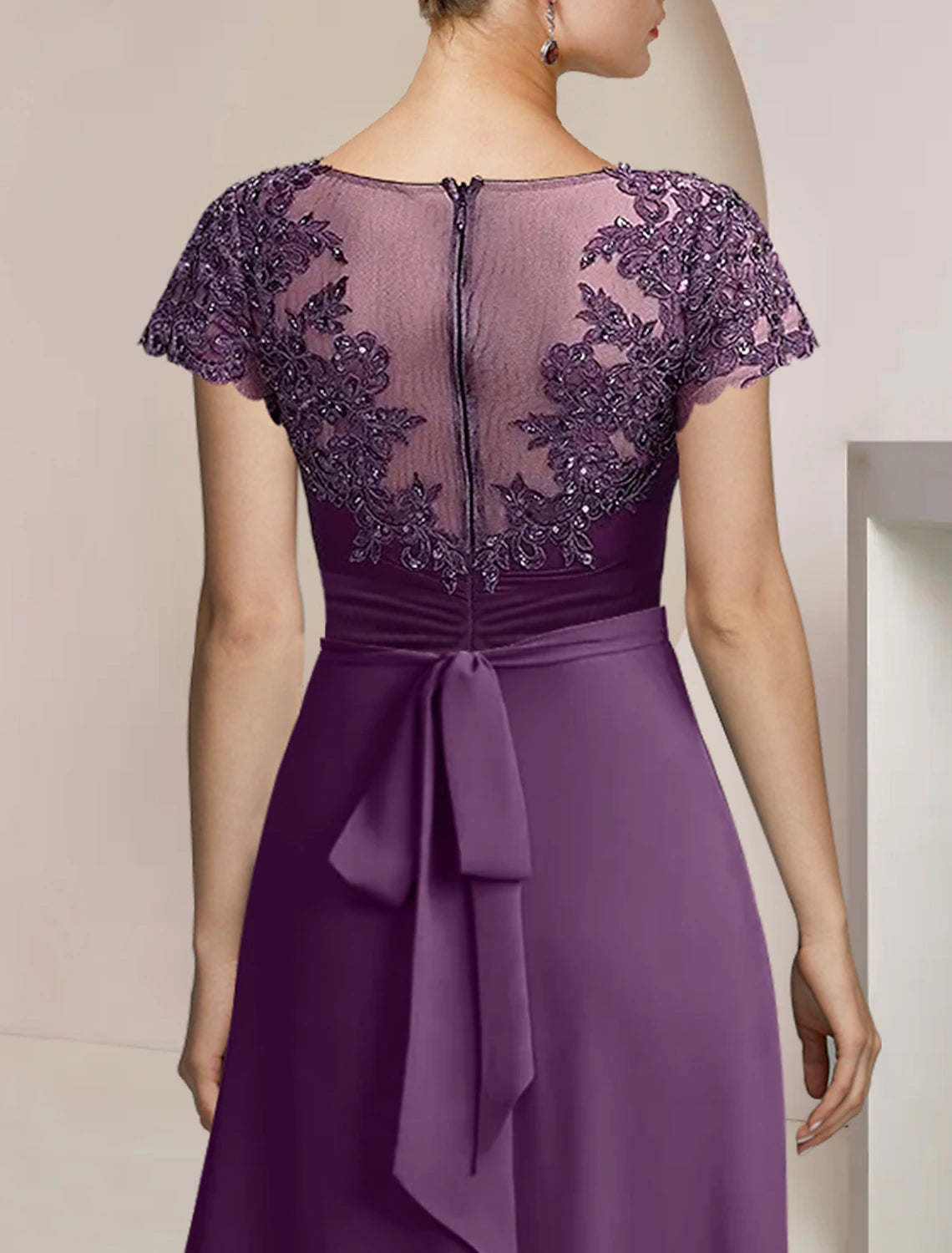 wholesale  A-Line Mother of the Bride Dress Formal Wedding Guest Party Elegant Scoop Neck Asymmetrical Tea Length Chiffon Lace Short Sleeve with Beading Sequin Appliques