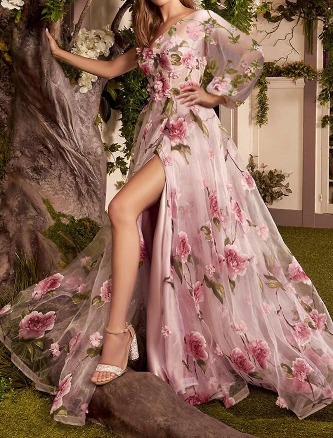 Wholesa  A-Line Prom Dresses Floral Dress Formal Wedding Guest Sweep / Brush Train Long Sleeve One Shoulder Lace with Floral Print