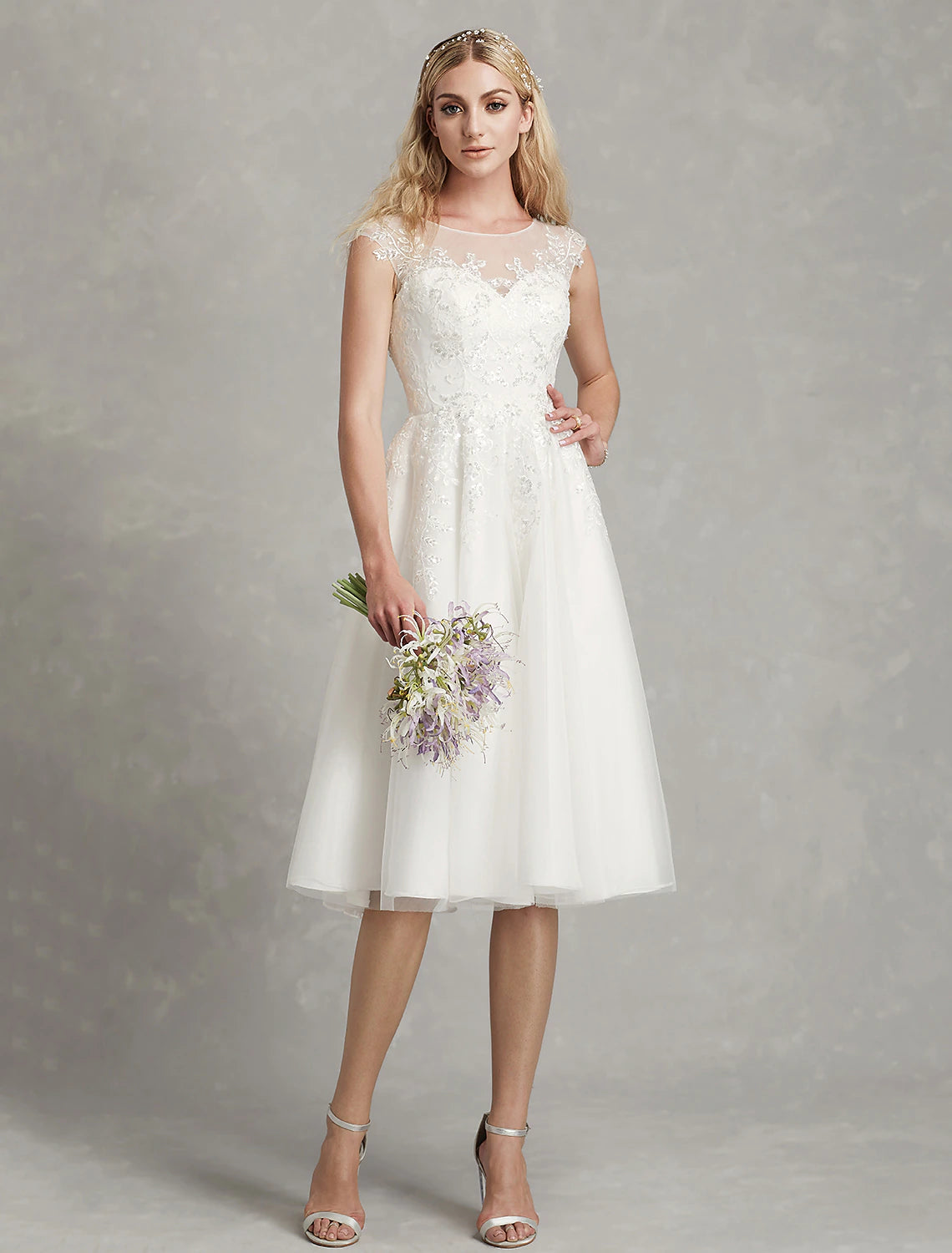 wholesale  Reception Little White Dresses Wedding Dresses A-Line Illusion Neck Cap Sleeve Knee Length Lace Bridal Gowns With Appliques