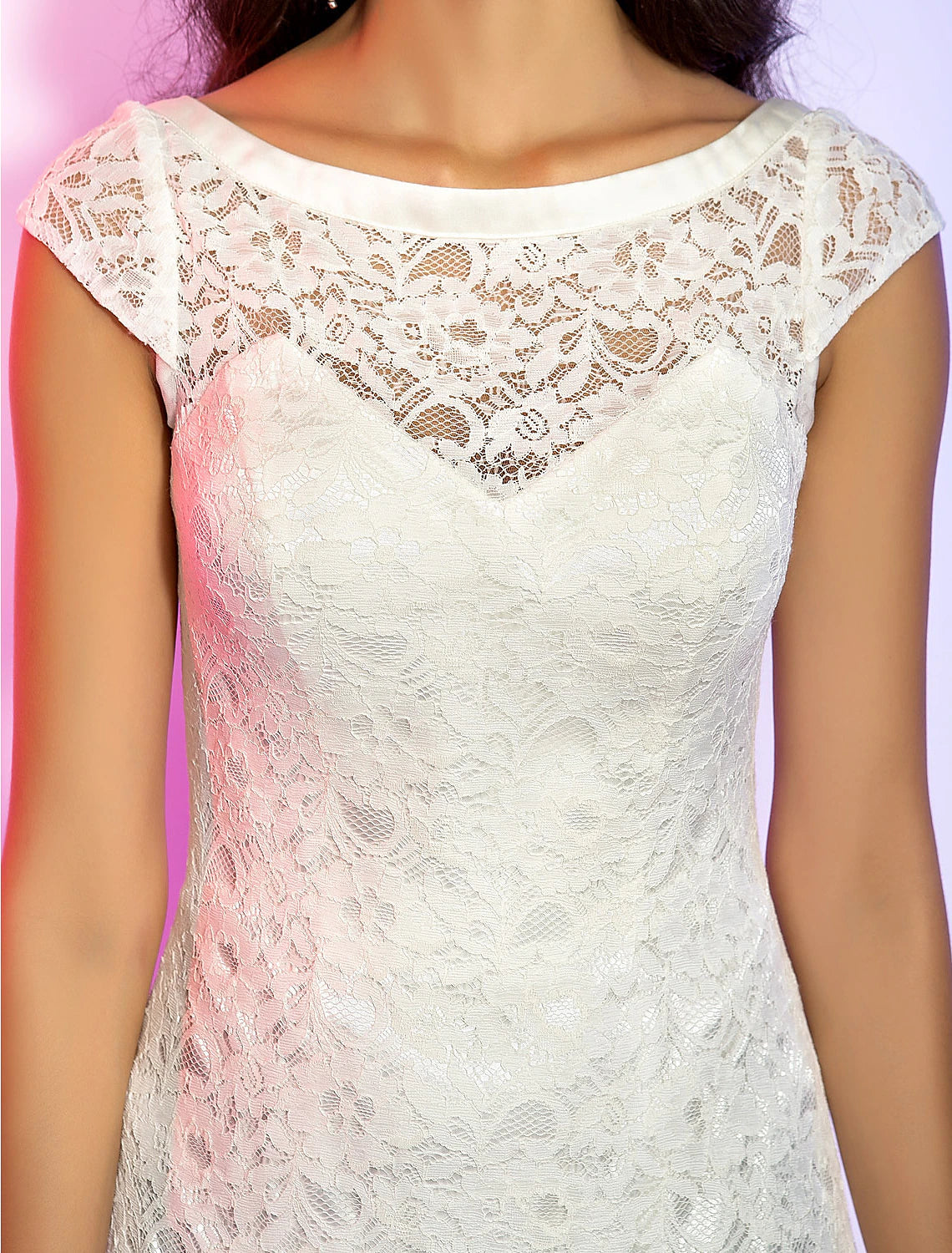 Wholesa Sheath / Column Cute Homecoming Cocktail Party Dress Illusion Neck Short Sleeve Short / Mini All Over Lace with Feathers / Fur