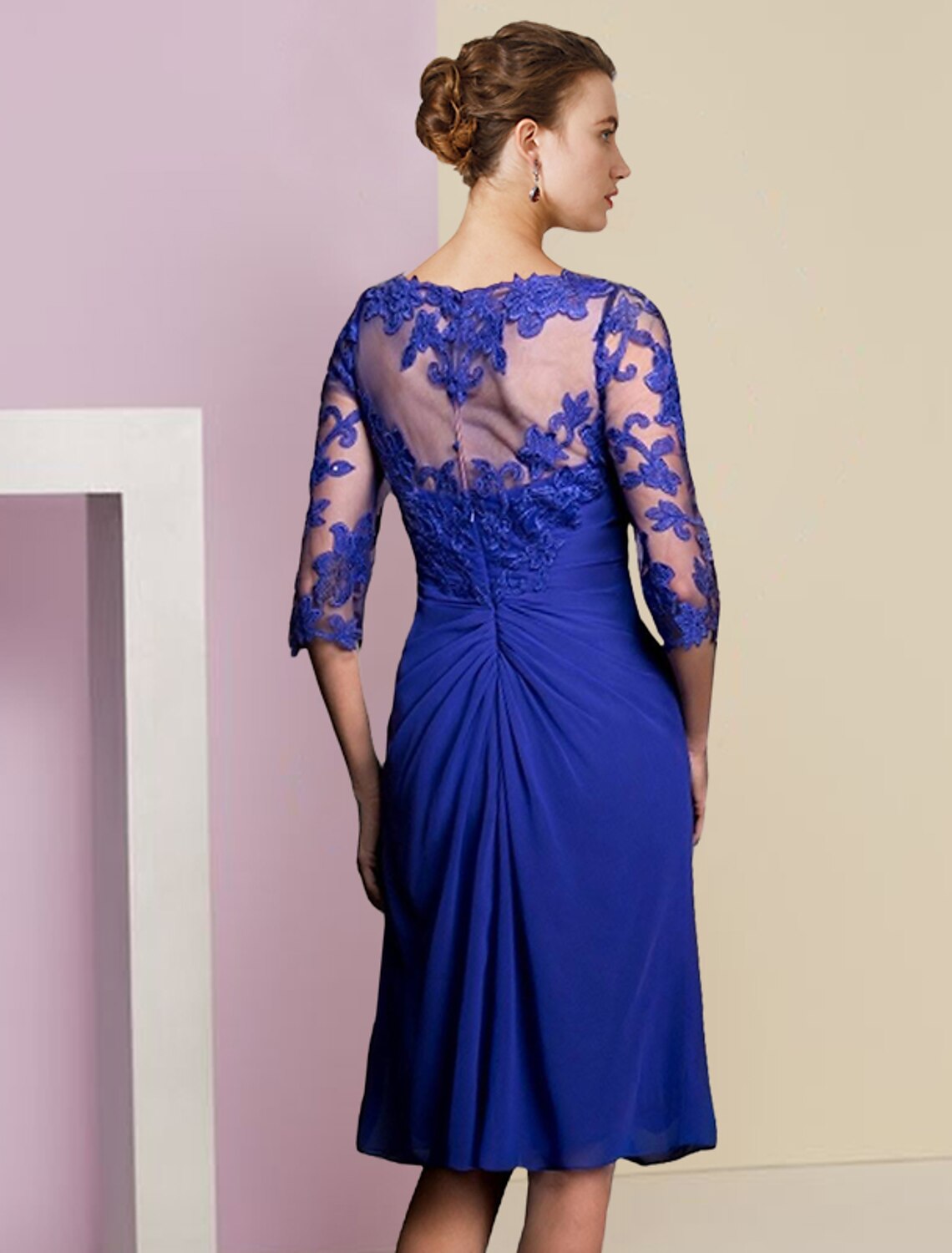 wholesale  Two Piece Sheath / Column Mother of the Bride Dress Formal Wedding Guest Vintage Elegant V Neck Knee Length Chiffon Lace Half Sleeve Jacket Dresses with Appliques