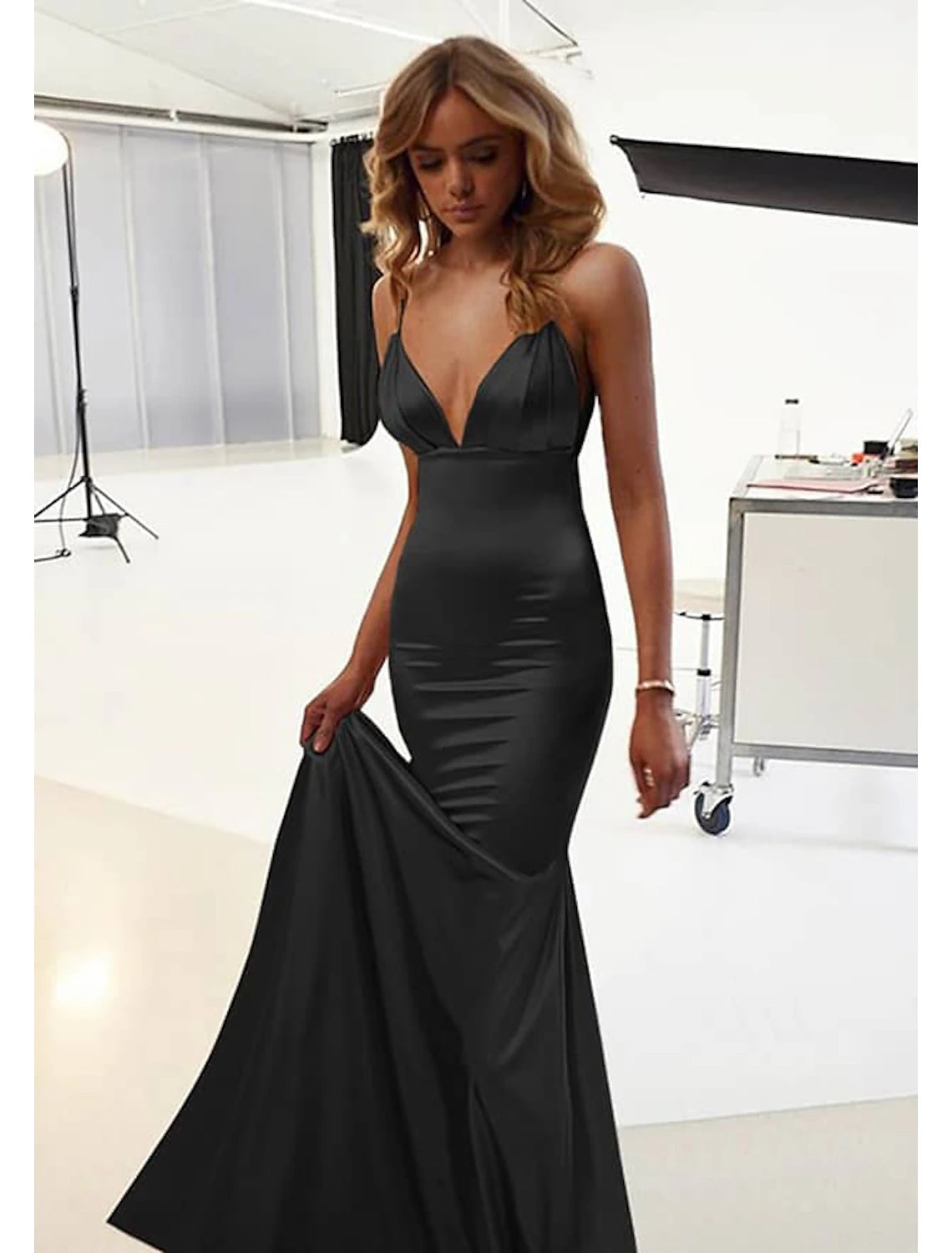 Wholesa Mermaid / Trumpet Wedding Guest Dresses Sexy Dress Prom Black Tie Gala Floor Length Sleeveless Spaghetti Strap Cotton Backless with Ruched