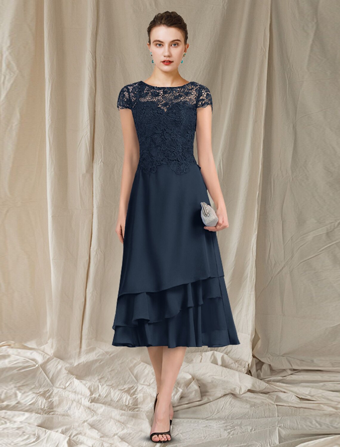wholesale  A-Line Mother of the Bride Dress Elegant Jewel Neck Tea Length Chiffon Lace Short Sleeve with Ruffles