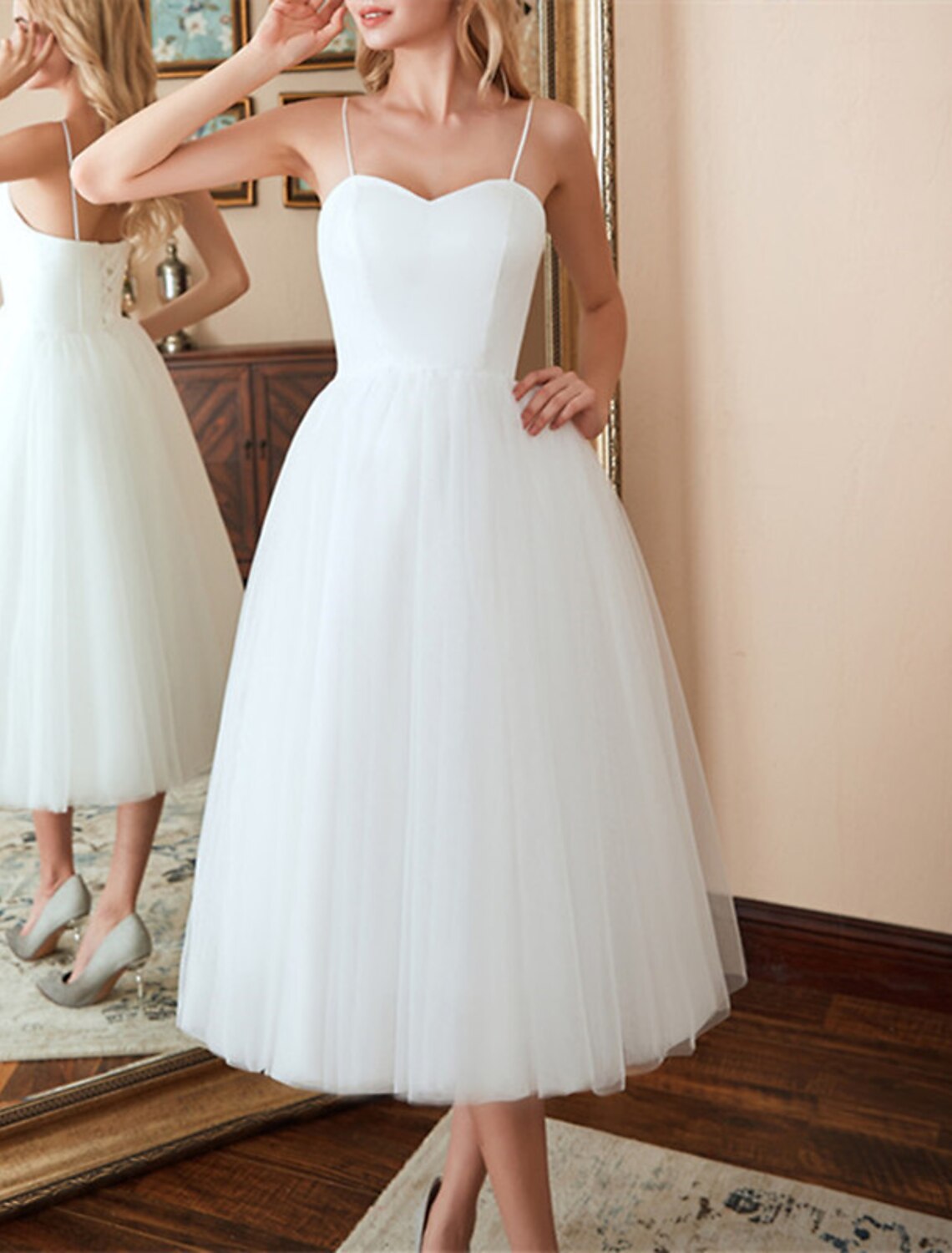 Wholesa  Reception Little White Dresses Wedding Dresses A-Line Sweetheart Camisole Spaghetti Strap Tea Length Satin Bridal Gowns With Solid Color