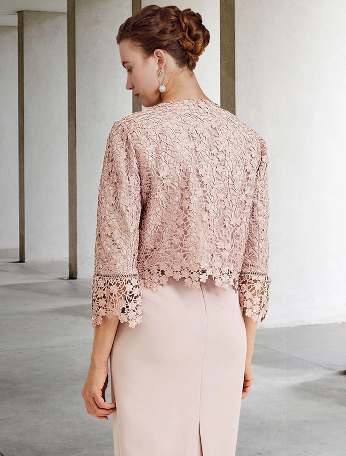 wholesale  Two Piece Sheath / Column Mother of the Bride Dress Church Elegant Jewel Neck Knee Length Chiffon Lace Short Sleeve Short Jacket Dresses with Ruffles Appliques