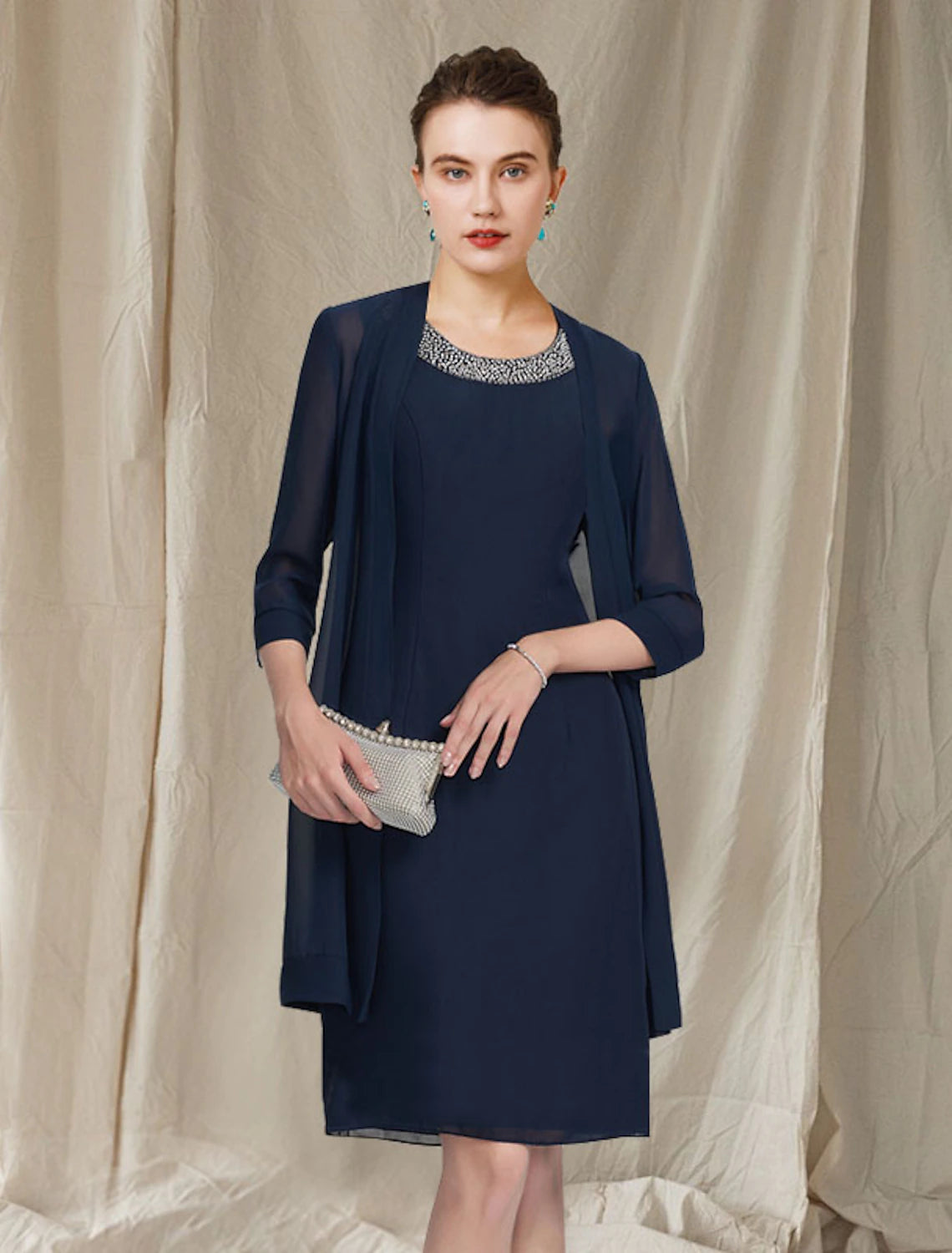 wholesale  Two Piece Sheath / Column Mother of the Bride Dress Elegant Jewel Neck Knee Length Chiffon Sleeveless Jacket Dresses with Beading Sequin