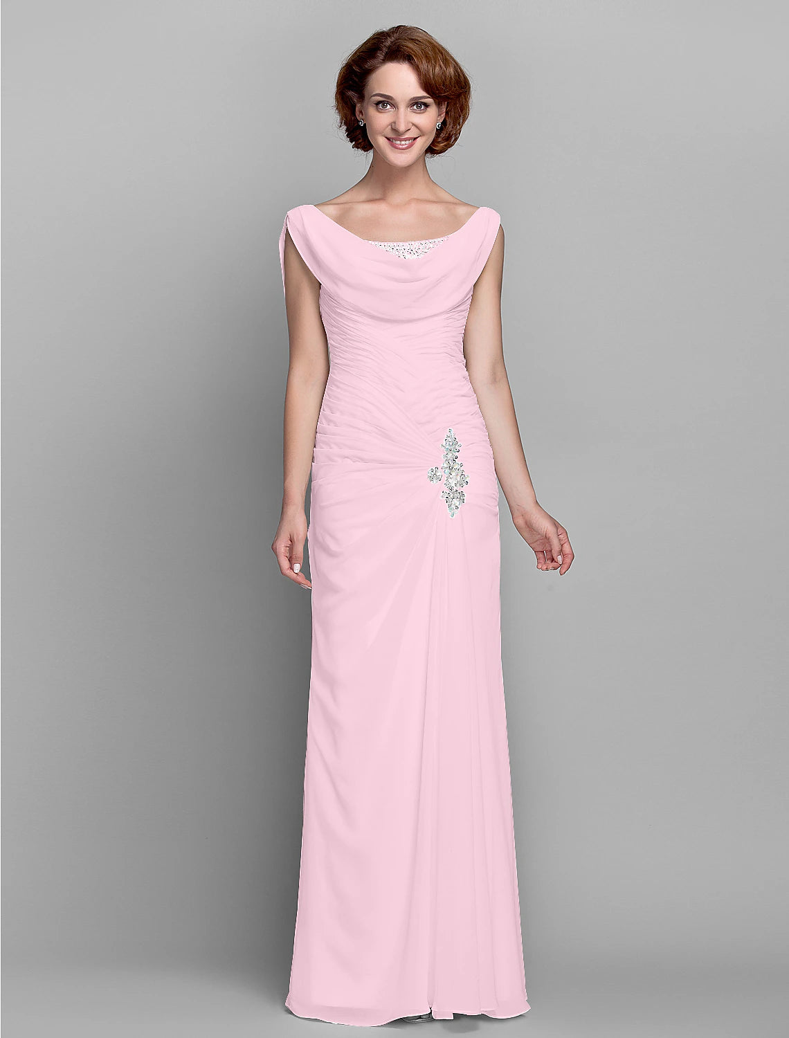 wholesale  Sheath / Column Mother of the Bride Dress Fall Wedding Guest Dresses Vintage Inspired Cowl Neck Floor Length Chiffon Sleeveless with Buttons Criss Cross Crystals