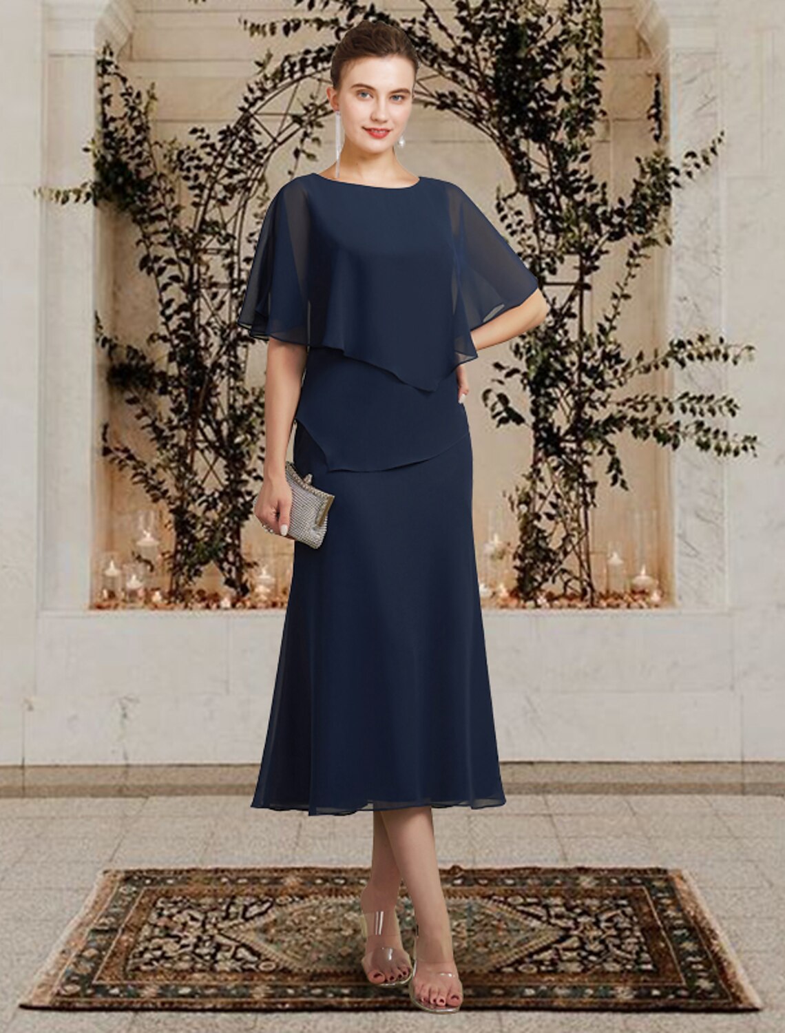 wholesale   A-Line Mother of the Bride Dress Plus Size Elegant Jewel Neck Tea Length Chiffon Sleeveless with Ruffles