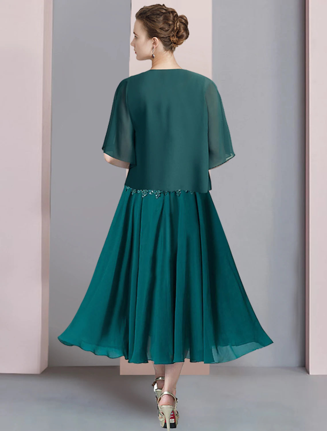 wholesale  Two Piece A-Line Mother of the Bride Dress Formal Wedding Guest Elegant V Neck Tea Length Chiffon Lace Short Sleeve Wrap Included with Sequin Appliques