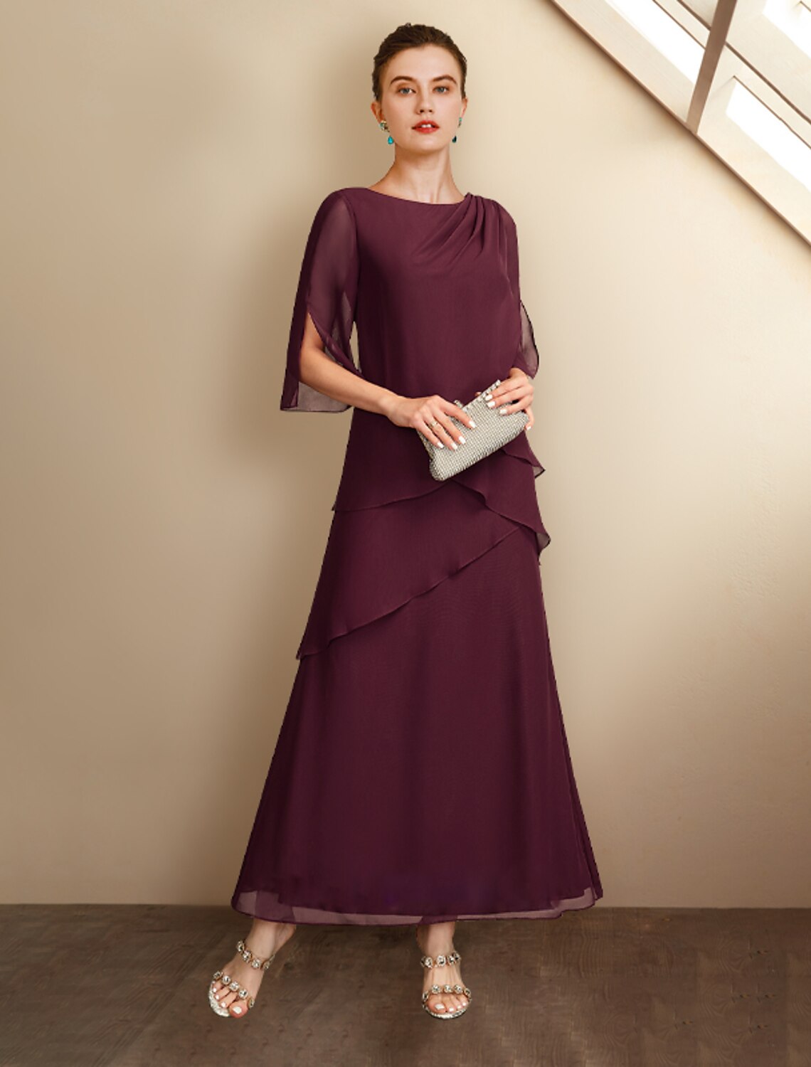 wholesale   A-Line Mother of the Bride Dress Wedding Guest Plus Size Elegant Jewel Neck Ankle Length Chiffon Half Sleeve with Ruffles Side-Draped Fall