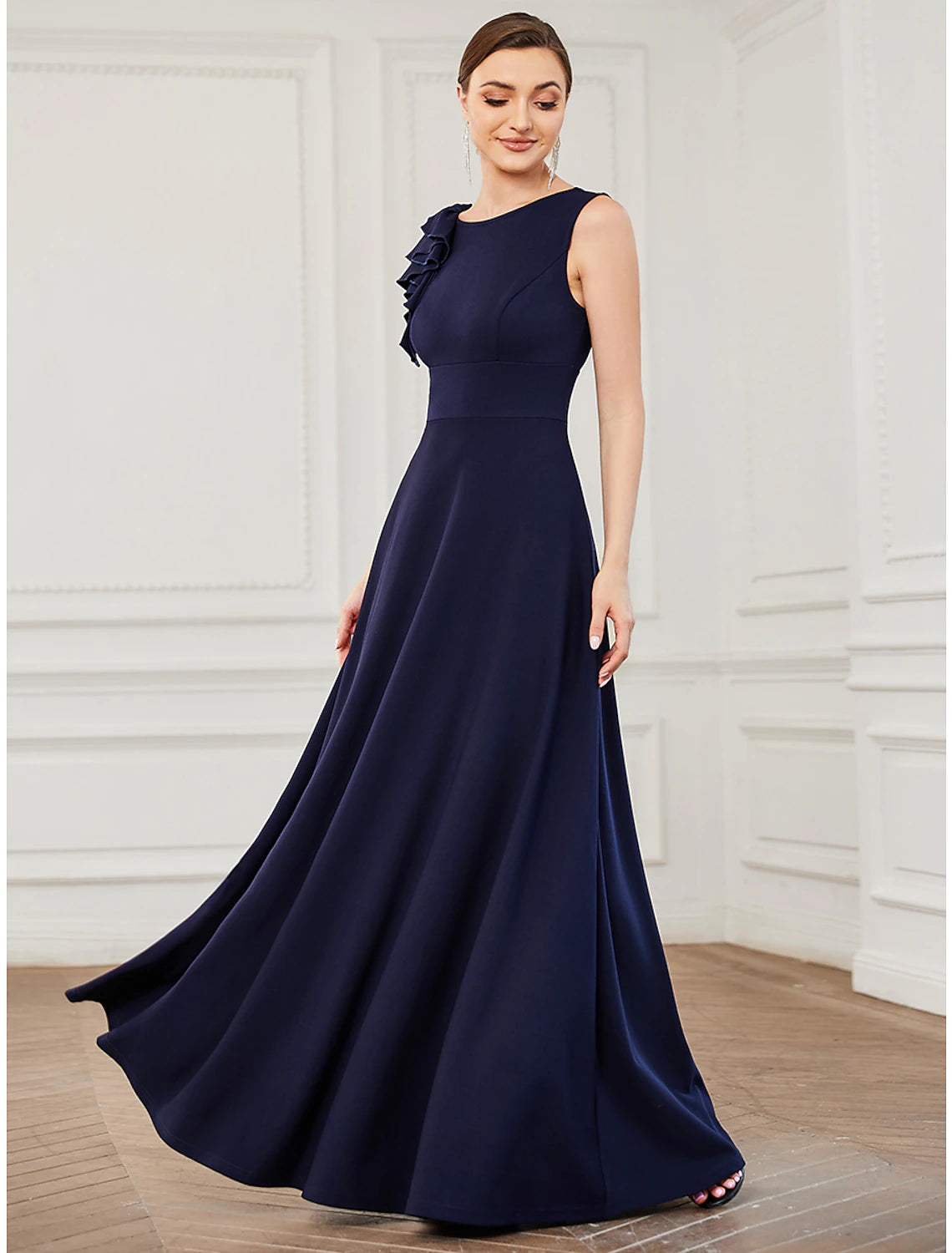 Wholesa A-Line Evening Gown Plus Size Dress Formal Wedding Guest Floor Length Sleeveless Jewel Neck Bridesmaid Dress Polyester with Draping Appliques Pure Color