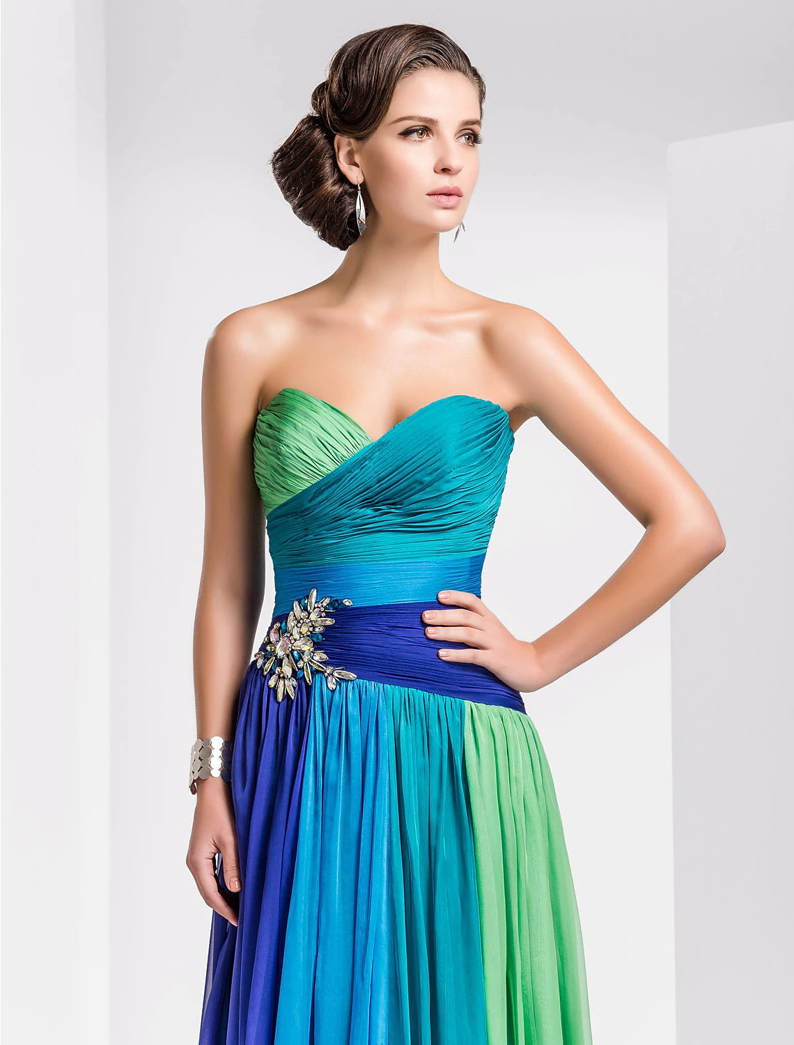 Wholesa A-Line Color Block Dress Wedding Guest Formal Evening Sweep / Brush Train Sleeveless Sweetheart Chiffon Backless with Pleats Ruched Crystals