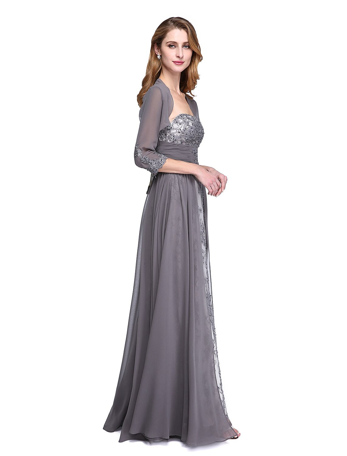 wholesale   A-Line Mother of the Bride Dress Wrap Included Strapless Floor Length Chiffon Beaded Lace Sleeveless yes with Ruched Beading Appliques