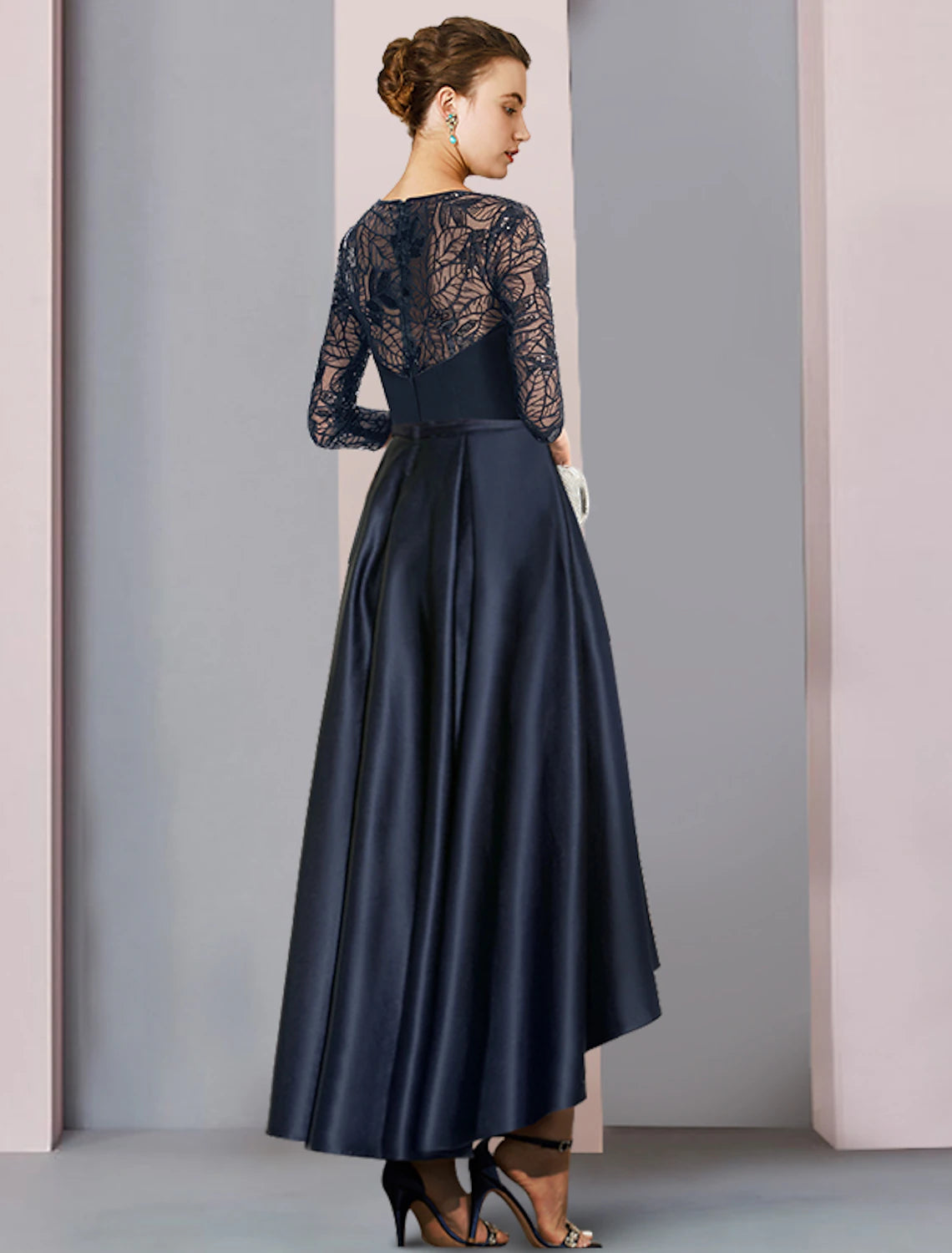 wholesale A-Line Mother of the Bride Dress Wedding Guest Vintage Party Jewel Neck Asymmetrical Satin Lace Sequined Half Sleeve with Pleats