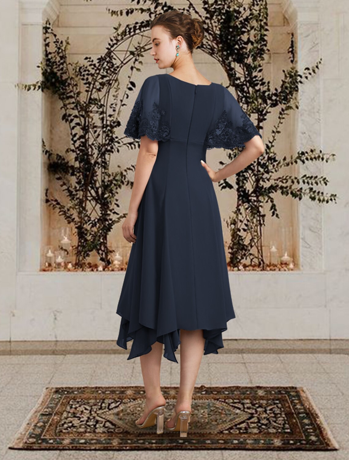 wholesale  A-Line Mother of the Bride Dress Plus Size Elegant High Low V Neck Asymmetrical Tea Length Chiffon Lace Sleeveless with Appliques