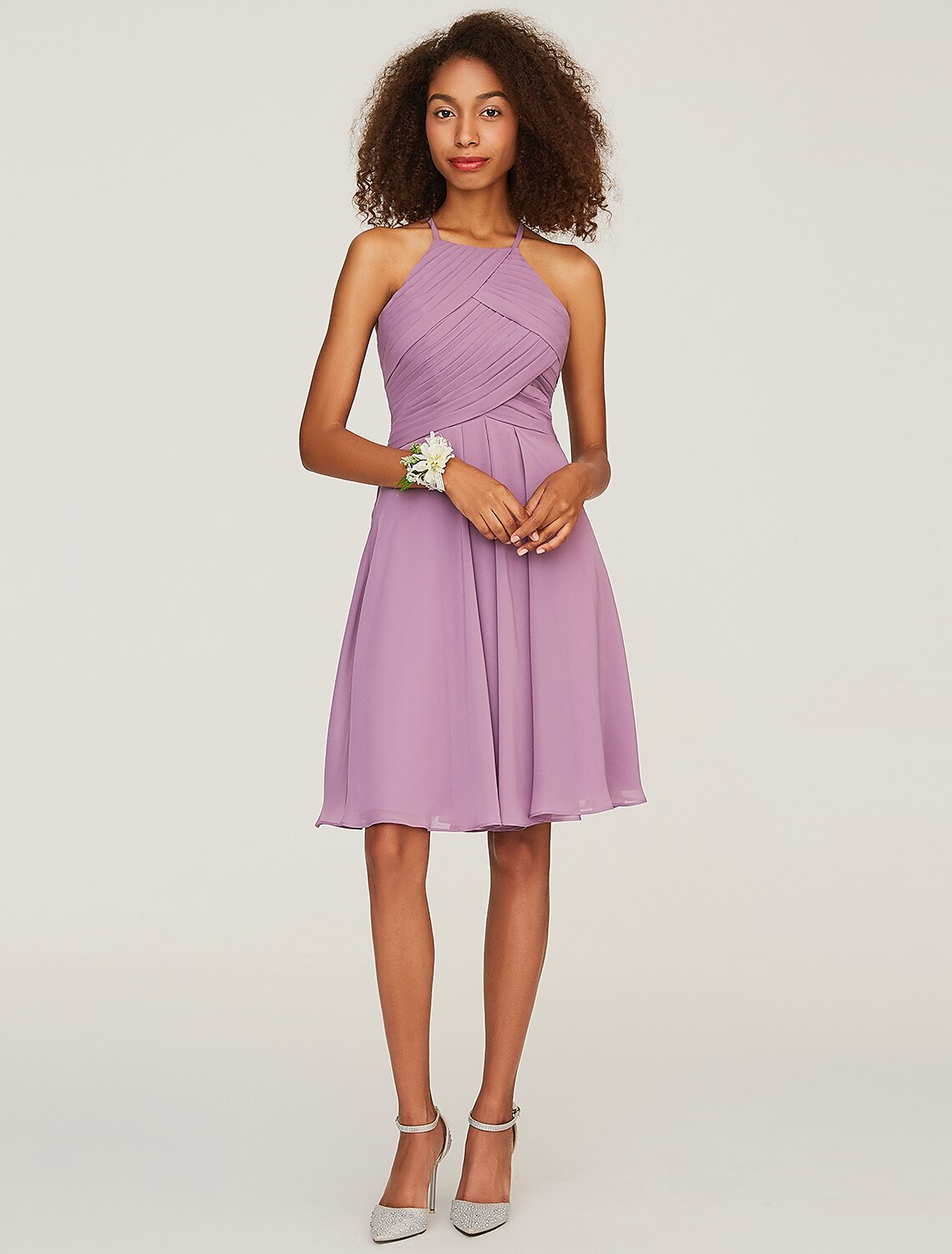 Wholesa  A-Line Bridesmaid Dress Halter Neck Sleeveless Keyhole Knee Length Chiffon with Ruffles