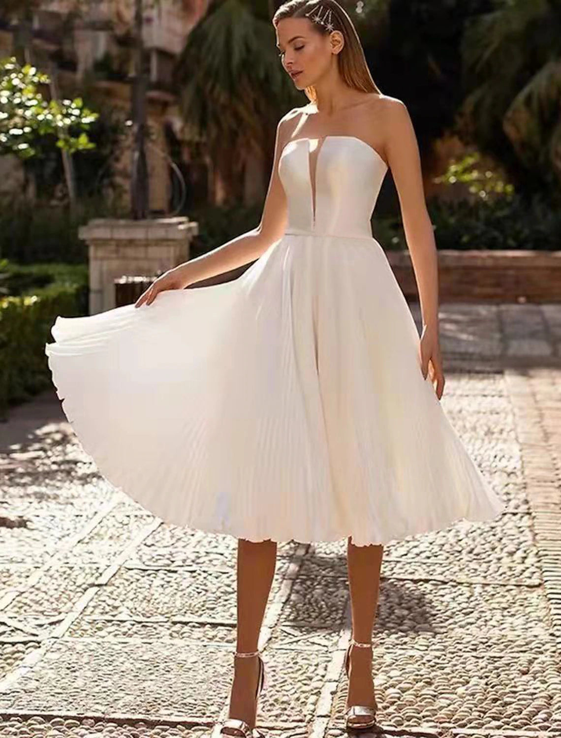 wholesale Reception Little White Dresses Wedding Dresses A-Line Sweetheart Strapless Tea Length Satin Bridal Gowns With Sash / Ribbon Solid Color