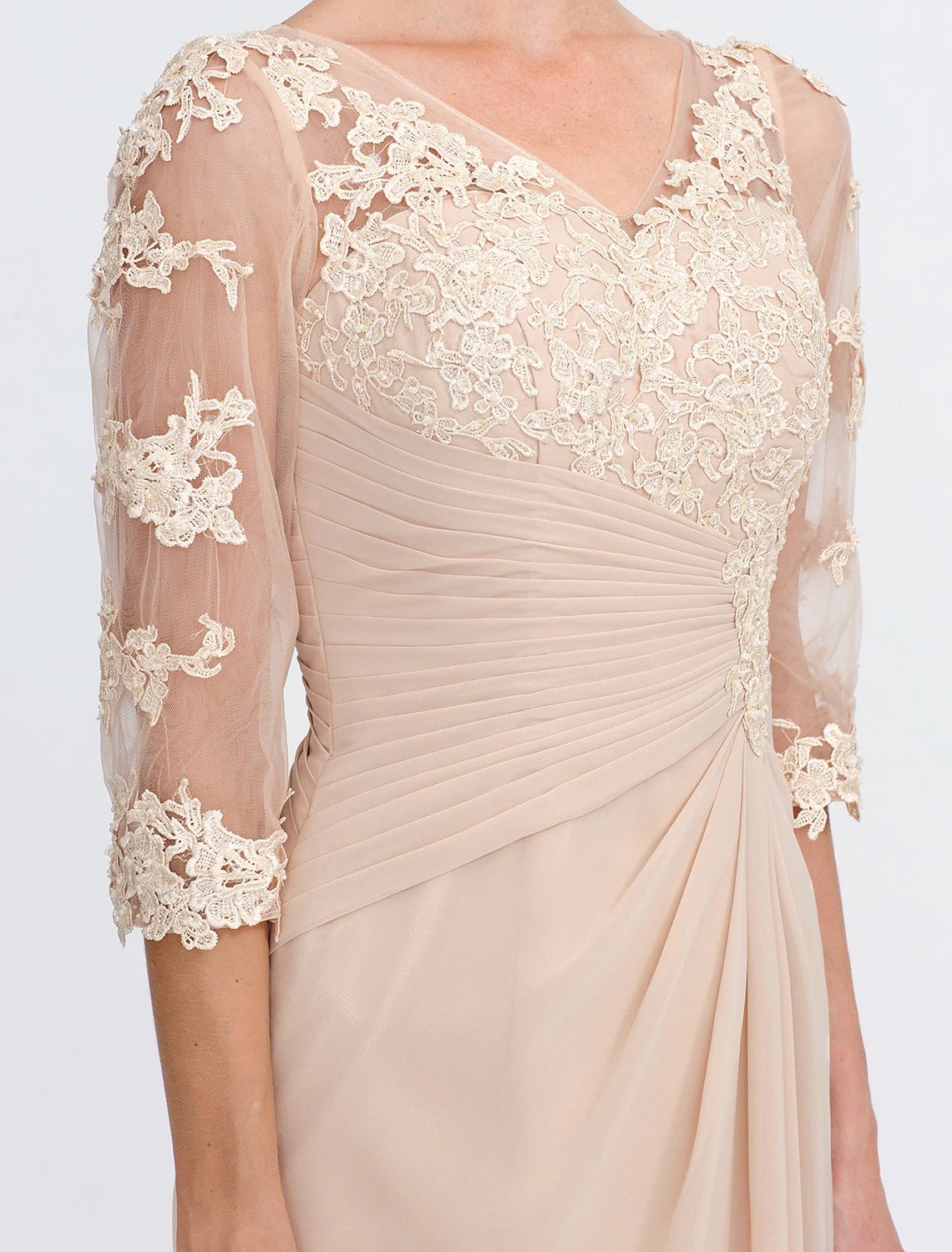 wholesale  A-Line Mother of the Bride Dress Fall Wedding Guest Dresses Plus Size Elegant See Through V Neck Floor Length Chiffon Half Sleeve with Appliques Side Draping