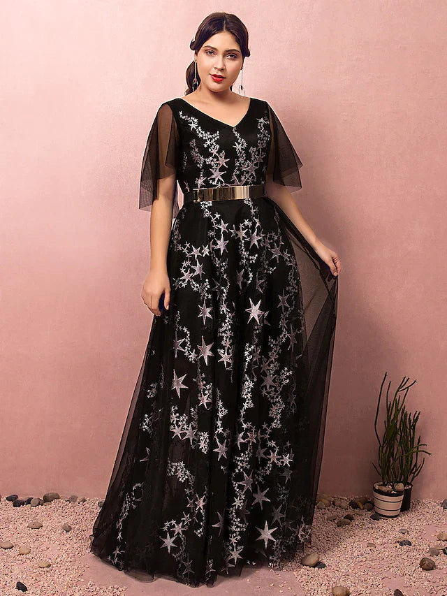 Wholesa A-Line Plus Size Prom Formal Evening Dress V Neck Half Sleeve Floor Length Lace with Sash / Ribbon Pleats Sequin