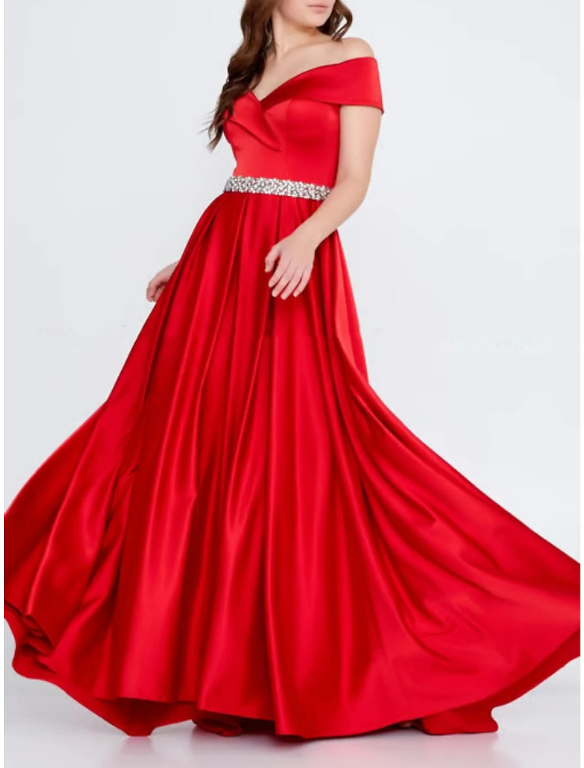 Wholesa  A-Line Evening Gown Elegant Dress Formal Sweep / Brush Train Christmas Red Green Dress Sleeveless Off Shoulder Satin with Pleats Crystals