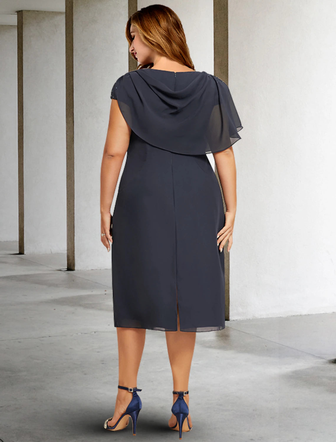 wholesale  A-Line Mother of the Bride Dresses Plus Size Hide Belly Curve Plus Size Hide Belly Dress Formal Tea Length Short Sleeve Jewel Neck Chiffon with Ruched Pearls Ruffles