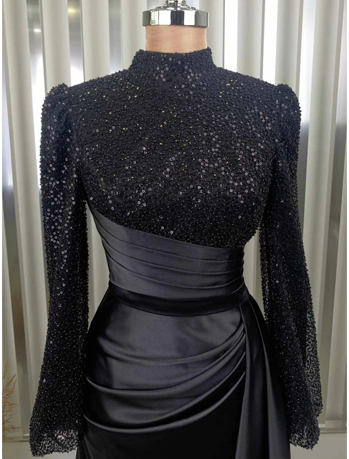 Wholesa  A-Line Evening Gown Champagne Christmas Elegant Dress Formal Sweep / Brush Train Long Sleeve High Neck Satin with Glitter Pleats Ruched