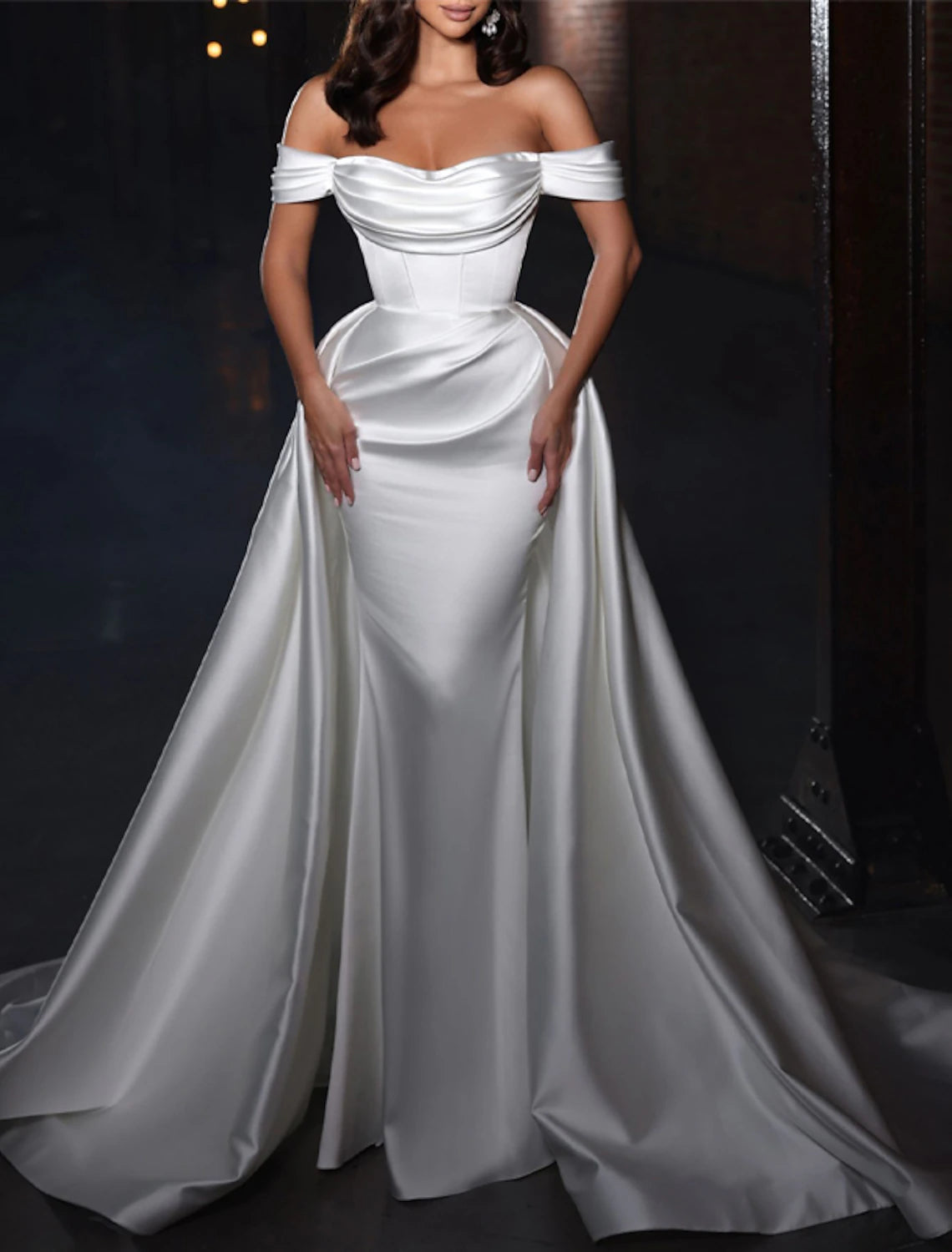 Wholesa  Engagement Formal Wedding Dresses Sheath / Column Off Shoulder Cap Sleeve Chapel Train Satin Bridal Gowns With Ruched Solid Color Summer Fall Wedding Party