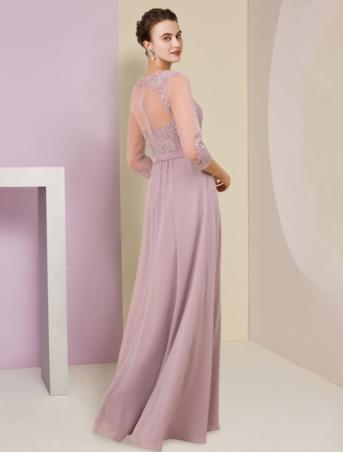 wholesale   A-Line Mother of the Bride Dress Formal Wedding Guest Elegant V Neck Floor Length Chiffon Lace 3/4 Length Sleeve with Pleats Appliques