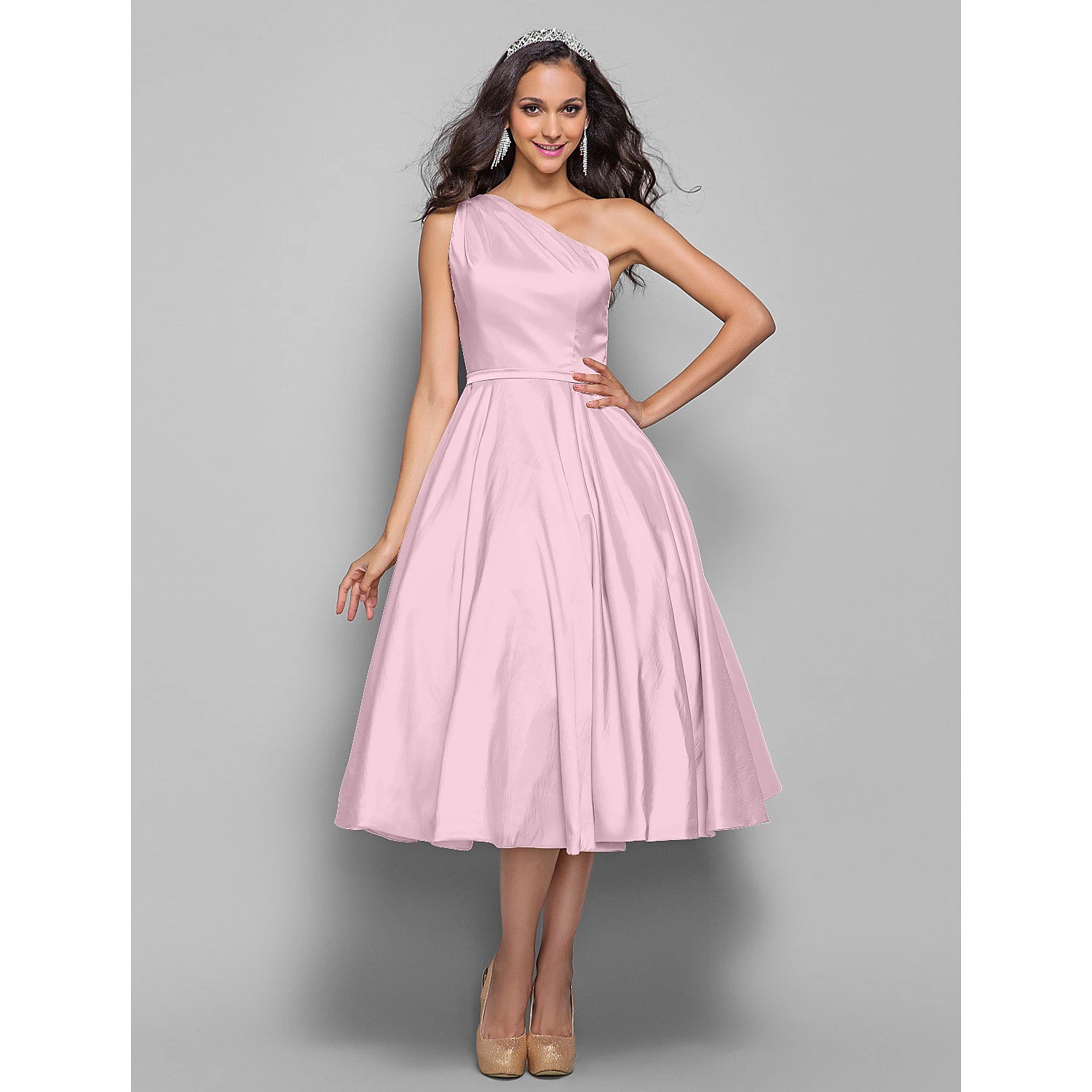 wholesale  A-Line Minimalist Elegant Cocktail Party Wedding Party Dress One Shoulder Sleeveless Tea Length Taffeta with Sash / Ribbon