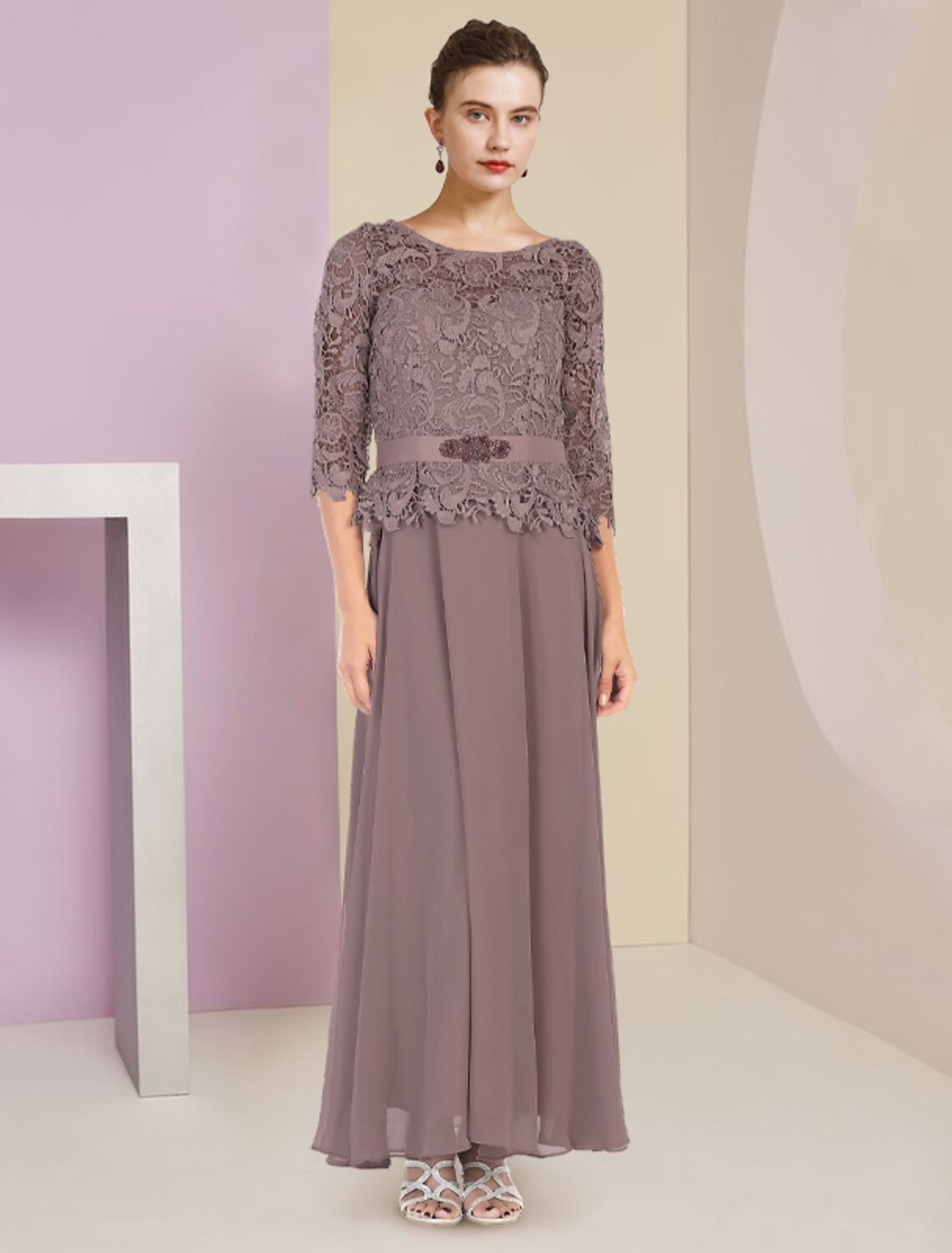 wholesale  Two Piece A-Line Mother of the Bride Dress Formal Wedding Guest Elegant Scoop Neck Floor Length Chiffon Lace 3/4 Length Sleeve Wrap Included with Appliques Crystal Brooch