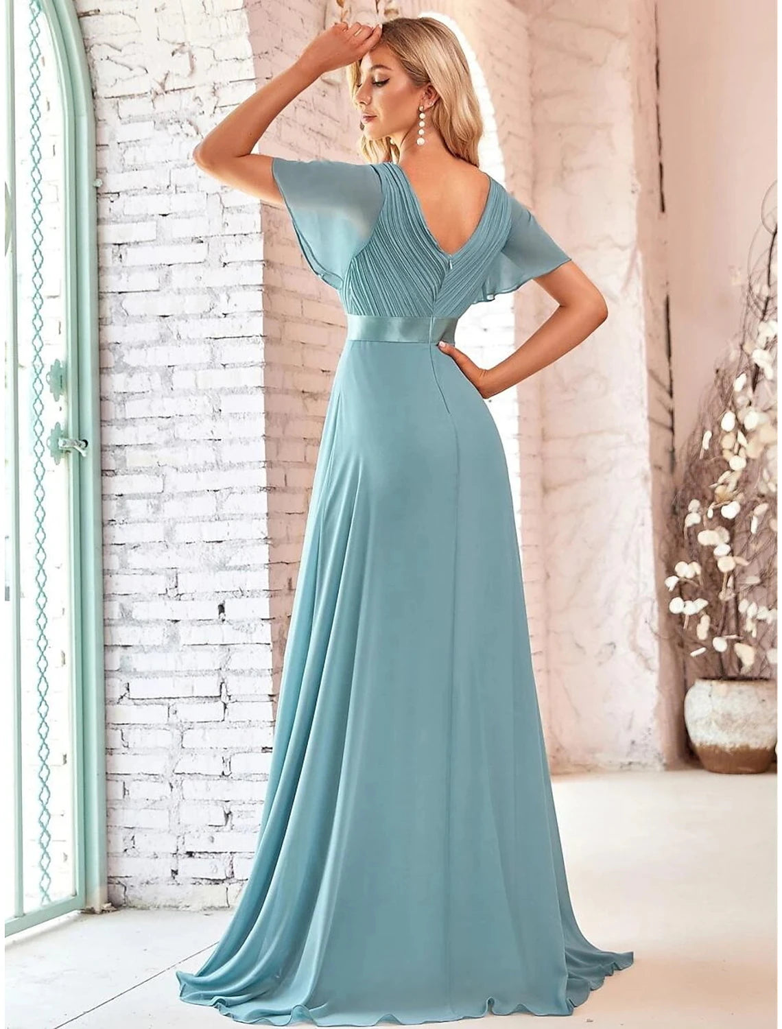 wholesale  A-Line Evening Gown Party Dress Empire Dress Wedding Guest Formal Evening Floor Length Short Sleeve V Neck Bridesmaid Dress Chiffon V Back with Ruffles Pure Color