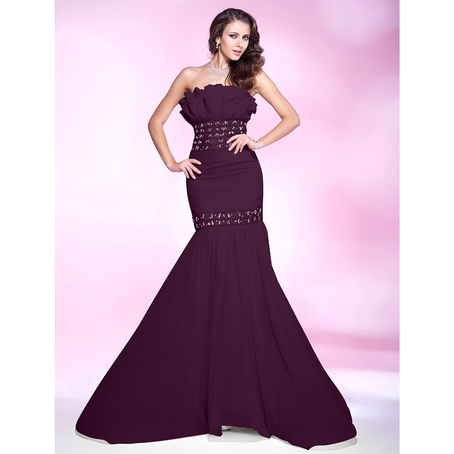 Wholesa Mermaid / Trumpet Elegant Engagement Formal Evening Dress Strapless Sleeveless Sweep / Brush Train Chiffon with Beading Ruffles