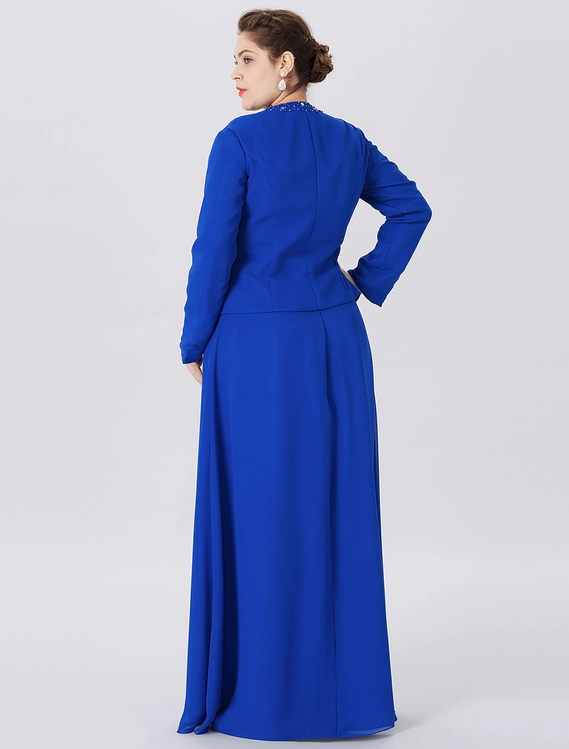 wholesale  A-Line Mother of the Bride Dress Formal Classic & Timeless Elegant & Luxurious Plus Size Straps Floor Length Chiffon Lace Long Sleeve Wrap Included with Pearls Crystals