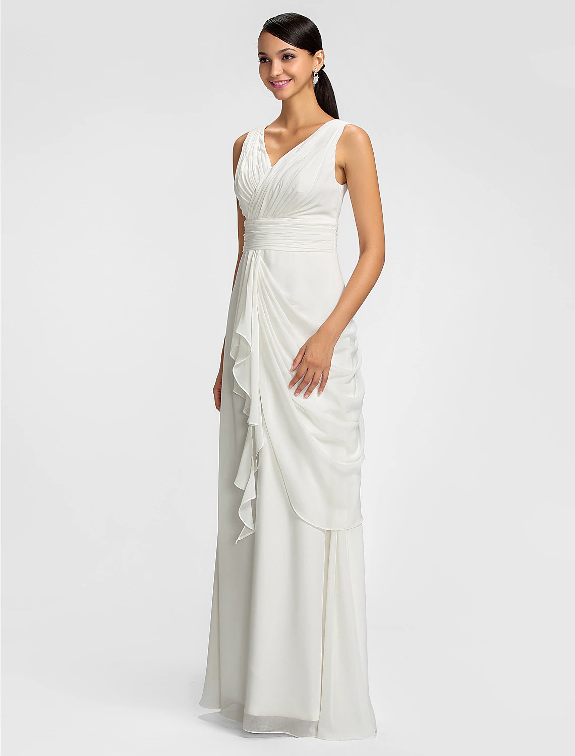 Wholesa Sheath / Column V Neck Floor Length Chiffon Bridesmaid Dress with Draping / Sash / Ribbon / Side Draping