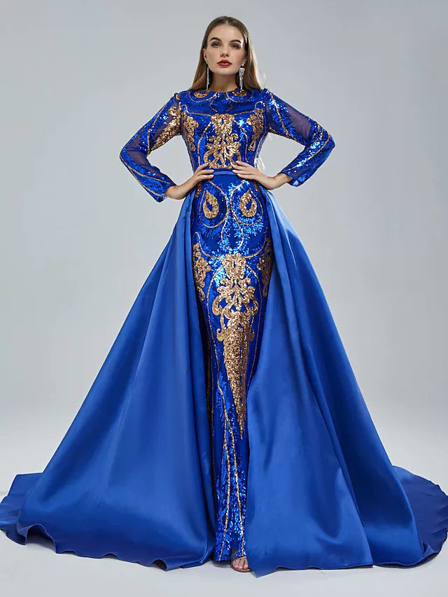 Wholesa Mermaid / Trumpet Evening Gown Elegant Dress Engagement Chapel Train Short Sleeve Jewel Neck Sequined with Sequin