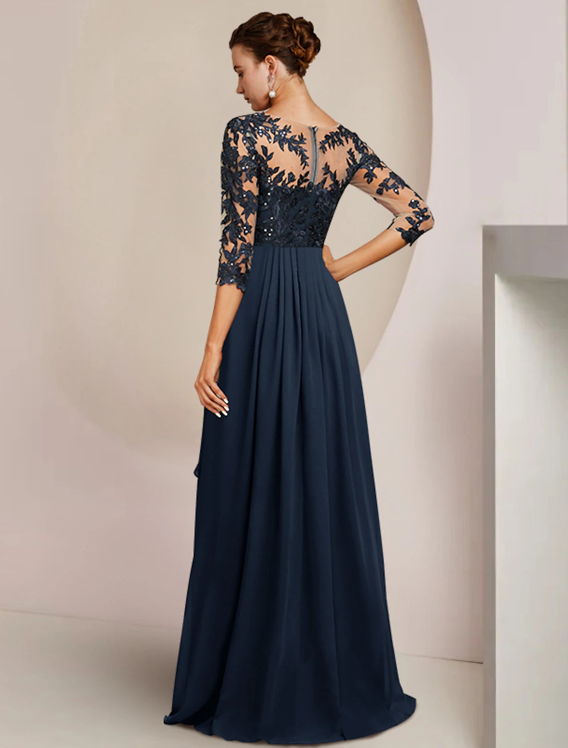 wholesale   A-Line Mother of the Bride Dress Wedding Guest Elegant High Low V Neck Ankle Length Chiffon Lace 3/4 Length Sleeve with Sequin Appliques