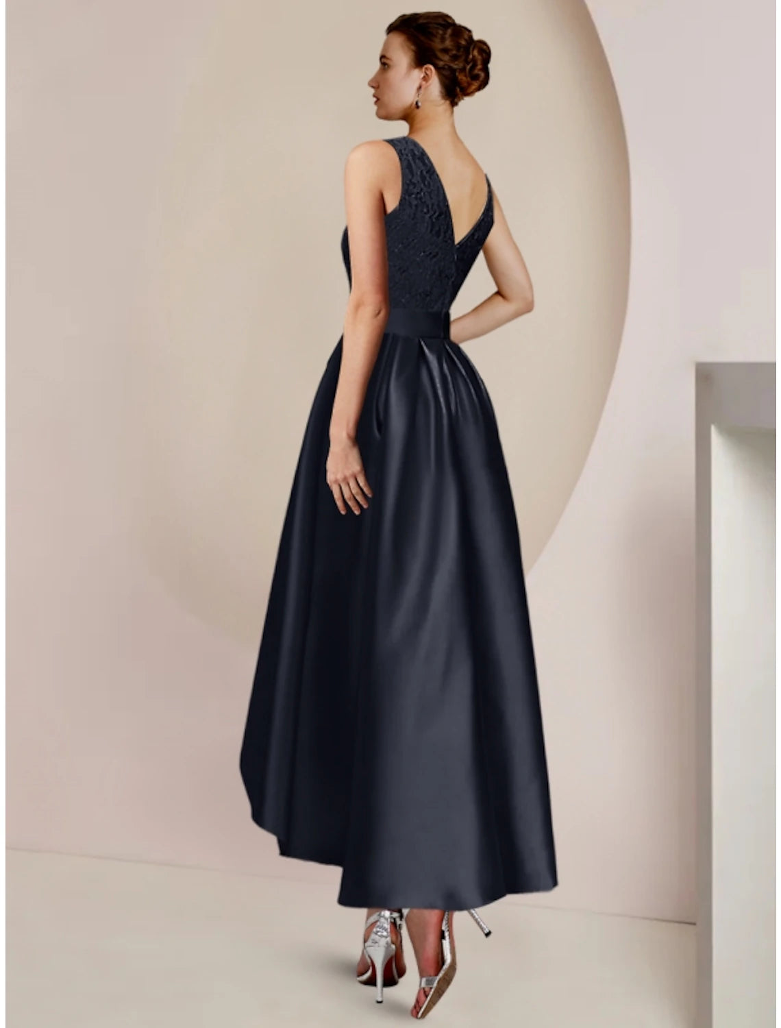 wholesale   Sheath / Column Mother of the Bride Dress Wedding Guest Minimalist Elegant Scoop Neck Asymmetrical Ankle Length Satin Lace Half Sleeve with Pleats Solid Color