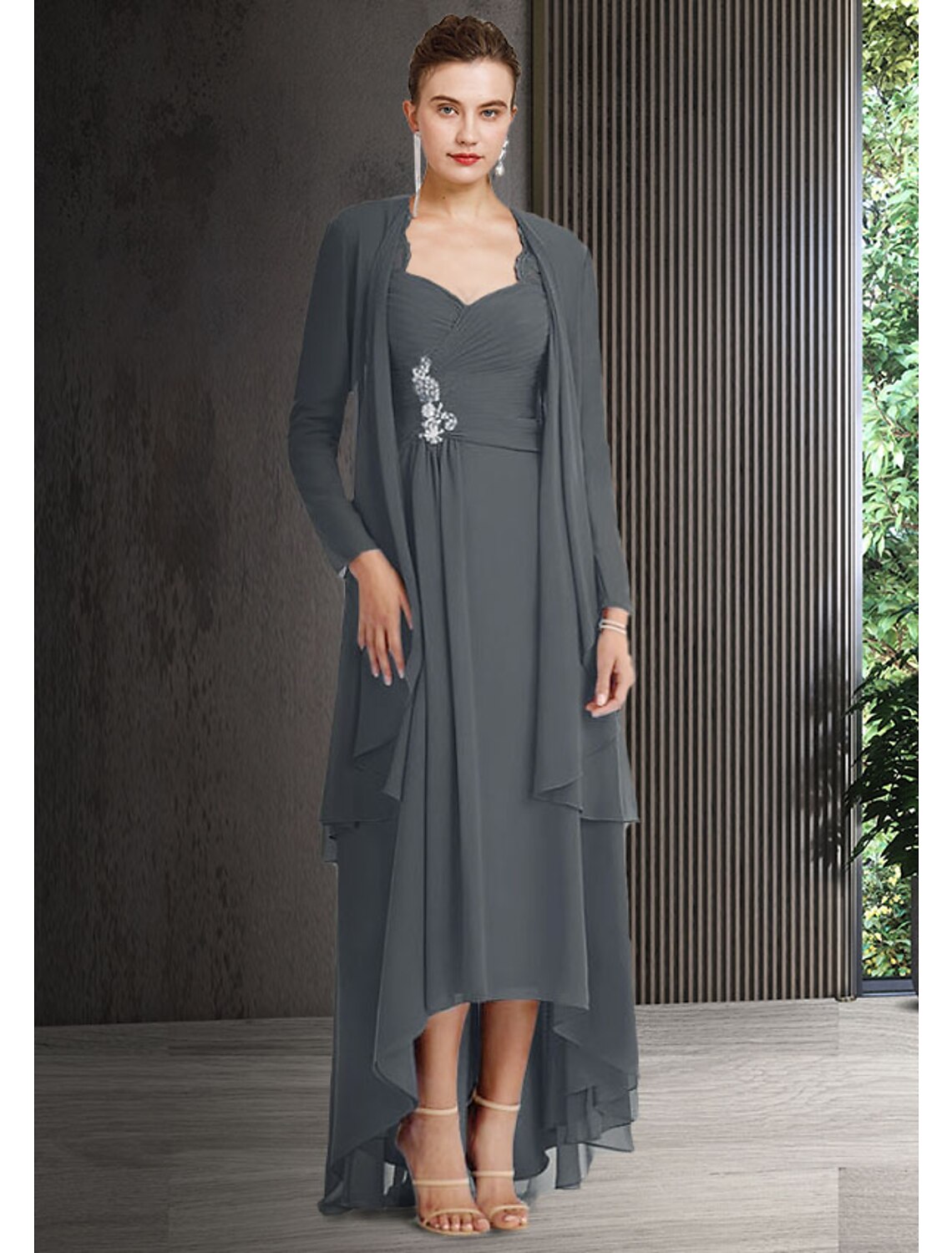 wholesale  Two Piece Sheath / Column Mother of the Bride Dress Elegant High Low Bateau Neck Asymmetrical Chiffon Lace 3/4 Length Sleeve Jacket Dresses with Draping Crystal Brooch