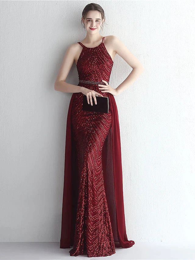 Wholesa Mermaid / Trumpet Prom Dresses Elegant Dress Formal Floor Length Sleeveless Halter Chiffon with Beading Sequin