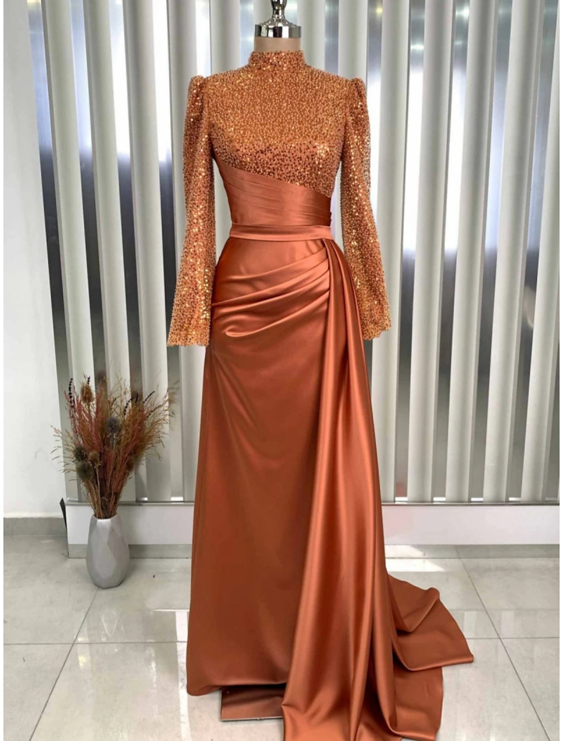 Wholesa  A-Line Evening Gown Champagne Christmas Elegant Dress Formal Sweep / Brush Train Long Sleeve High Neck Satin with Glitter Pleats Ruched
